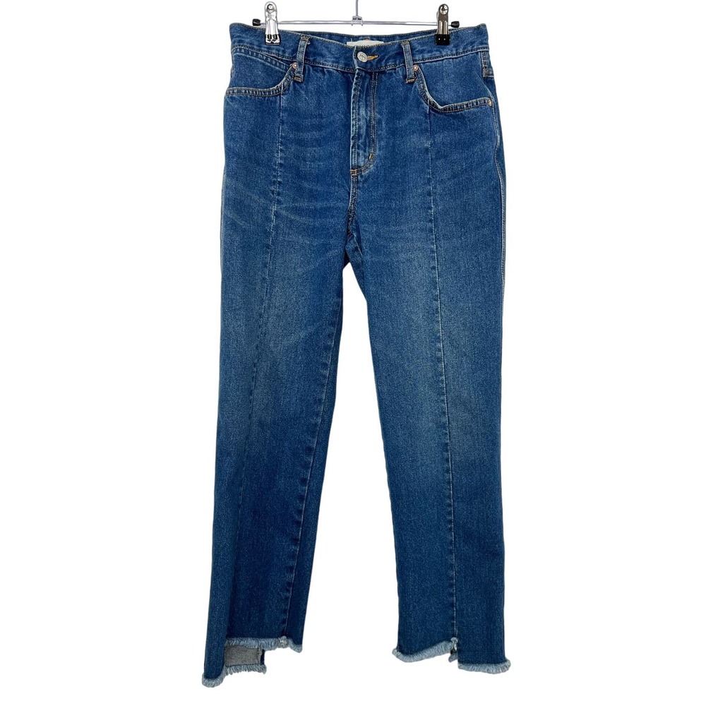 MNG Mango High Waist Straight Leg Step Raw Hem Denim Jeans Size 6
